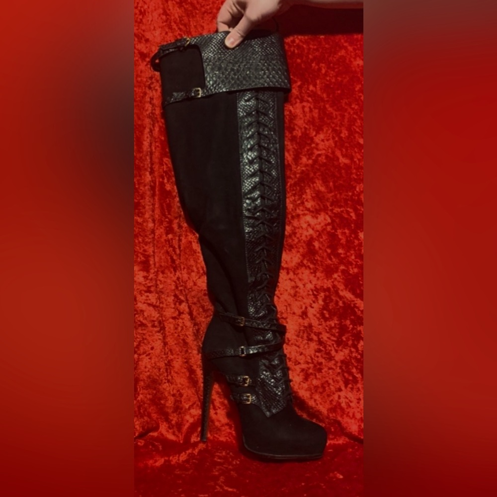 Bebe over the knee stiletto boots with gold details
